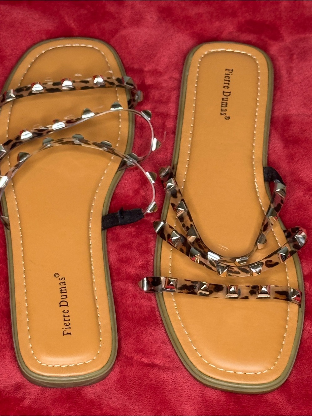 Pierre Dumas Tan Slide Sandals with Tortoiseshell Straps and Stud Accents